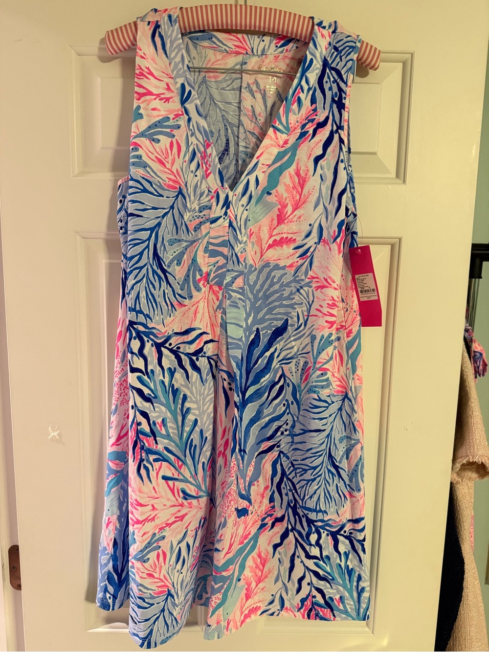 Lilly Pulitzer Sleeveless V-Neck Dress in Blue & Pink Coral Print Amina